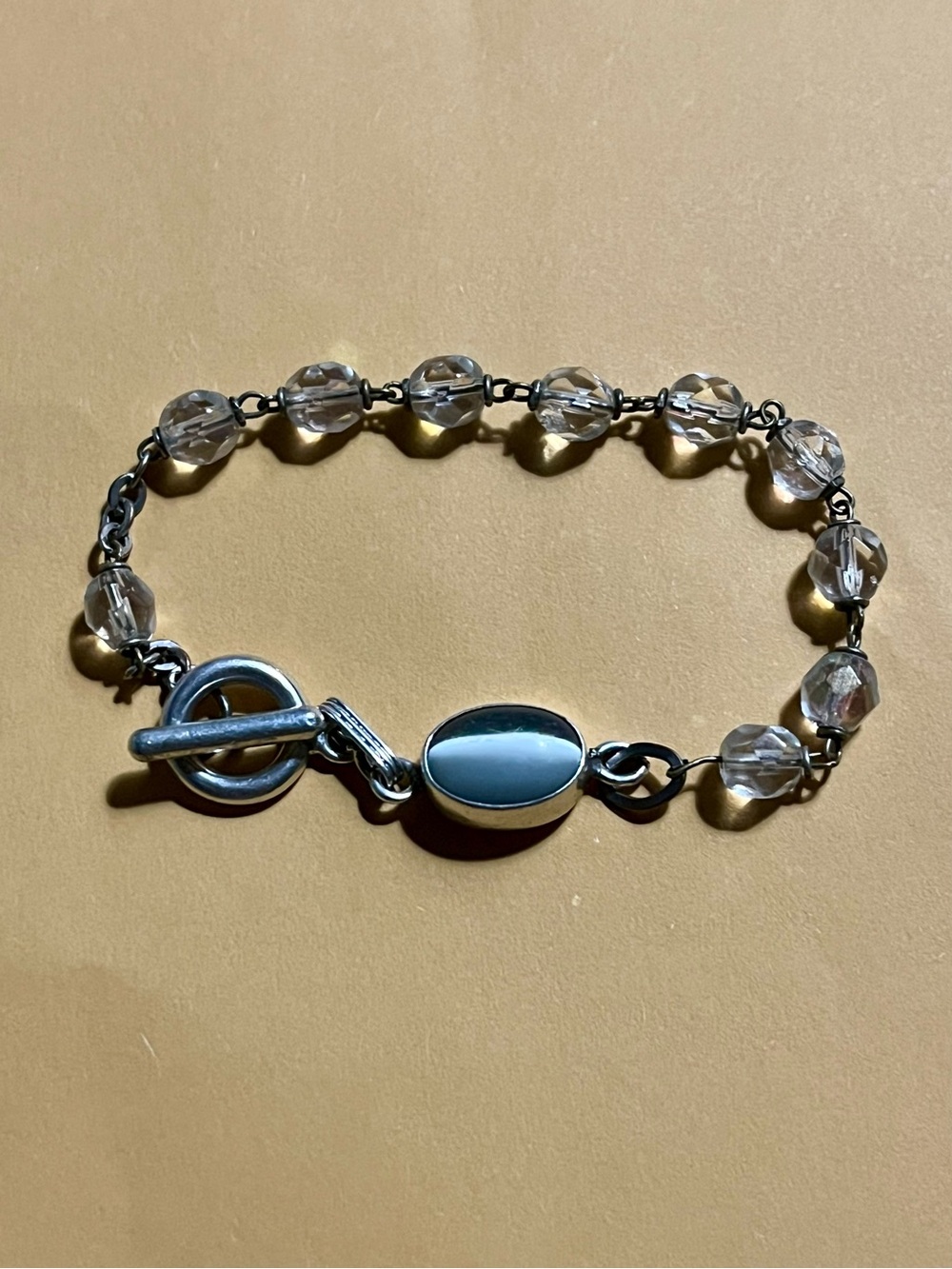 Clear Crystal Bead Moon Stone Bracelet with Silver Toggle